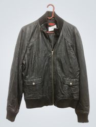 TISSAIA Black Leather Bomber Jacket