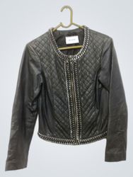 Black Quilted Leather Jacket with Chain Detail