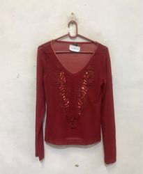Phard Basic Jeans Red Sequin V-Neck Long Sleeve Me..