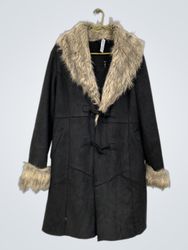 Black Faux Suede Coat with Faux Fur Trim and Toggl..