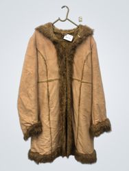 Brown Faux Suede Coat with Fur Trim and Hood