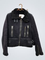 Zara Woman Black Faux Suede Aviator Jacket