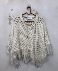 White Crochet Poncho with Fringe and Lace-up Detai..