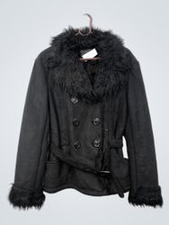 Black Faux Fur Trimmed Jacket with Belt