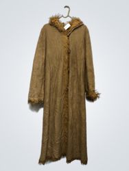 LEO CARDI MODE Brown Faux Fur Trim Hooded Maxi Coa..