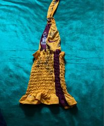 Yellow and maroon smocked halter top with embroide..