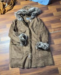 Brown Faux Suede Coat with Fur Trim