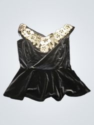Quiz Black Velvet Peplum Top with Lace Collar