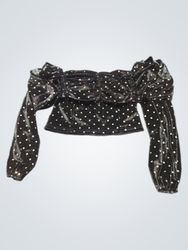 Black velvet polka dot off-shoulder crop top with ..