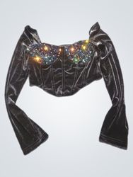 Black velvet corset top with sequined bust and bel..