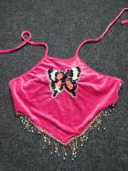 Pink Velvet Halter Top with Butterfly and Beaded T..