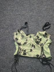 Green Corset Top with Black Floral Embroidery