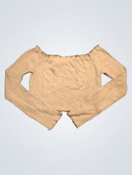 beige ribbed off the shoulder long sleeve top