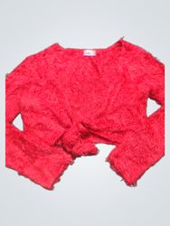 Red Fuzzy Cropped Tie Front Sweater