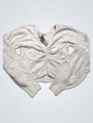 Grey Ruched Fuzzy Long Sleeve Crop Sweater
