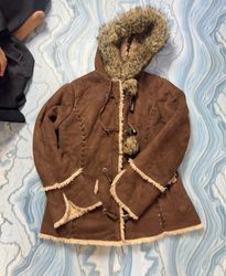 Brown Faux Suede Jacket with Fur Trim and Toggle C..