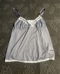 Gray polka dot camisole with white lace trim