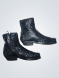 Black Leather Cowboy Boots with Embroidery