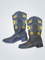 Black Cowboy Boots with Sunflower Design