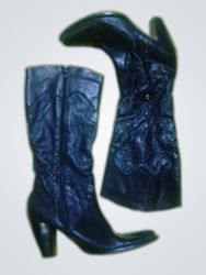 Black Leather Knee-High Heeled Boots