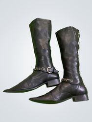 Black Leather Boots with Chain Accents