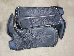 Black Leather Vest with Studs and Floral Embroider..