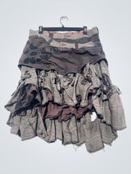 Distressed Plaid Ruffle Skirt with Floral Waistban..
