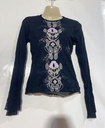 United Colors of Benetton ブラックメッシュ長袖トップ（花柄プリント）