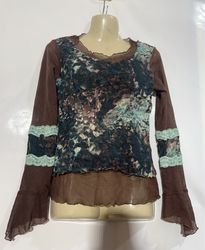 Brown mesh long sleeve top with lace trim