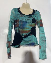 Double Jeu Graphic Print Mesh Long Sleeve Top