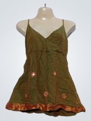 Green camisole with decorative mirrors and gold tr..