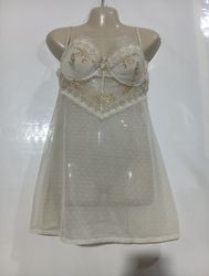 Babydoll in chiffon bianco con pois dorati e rifin..