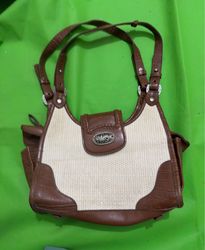 Brown and cream textured handbag with buckle detai..