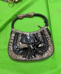 Beige and Black Crocodile Textured Handbag with Ta..