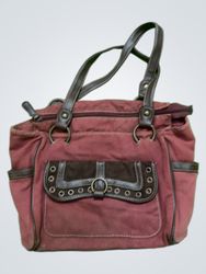 Red Canvas Handbag with Brown Leather Accents