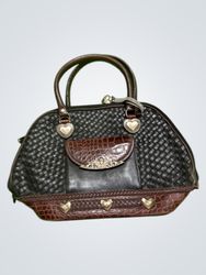 Black and Brown Woven Handbag with Heart Embellish..