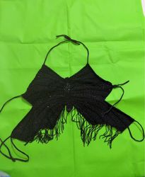 Black Beaded Butterfly Halter Top with Fringe