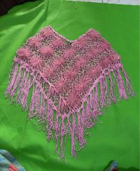 Pink Poncho with Flowers and Fringe