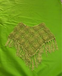 Green Poncho with Floral Appliques and Fringe