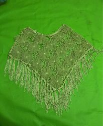 Green Poncho with Floral Appliques and Fringe
