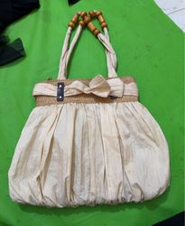 Beige Pleated Handbag with Wooden Beaded Handles