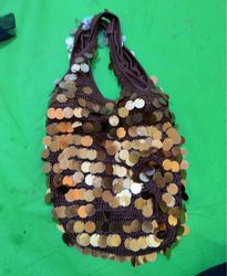 Brown sequined crochet tote bag