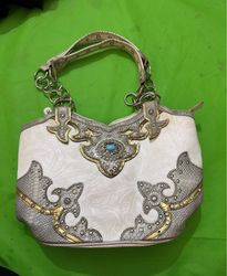 White Embossed Handbag with Turquoise Stone Accent
