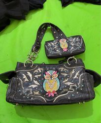 Black Owl Embellished Handbag and Wallet Set