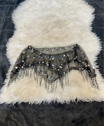 Black Sequin and Beaded Tassel Capelet