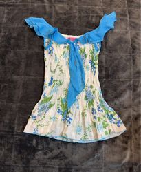 Victoria White and Blue Floral Smocked Top
