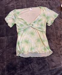 Green floral print mesh top