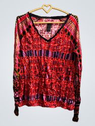 GUSTOUNE Red and Purple Patterned Long Sleeve Top