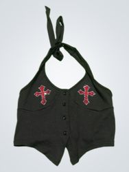 Black halter top with red cross embellishments