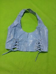 Light Blue Crocodile Print Halter Top with Lace-Up..